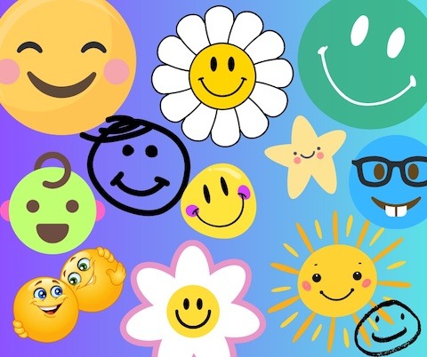 A collage of happy face emojis including stars, baby faces, a sun and flower faces.