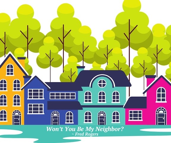 Colorful graphic of a row of houses with trees in the background.