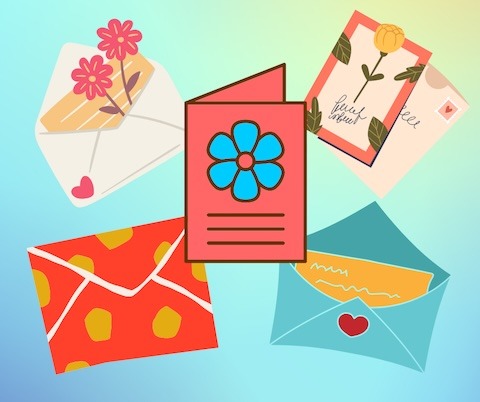 The image shows five different graphics of letters and envelopes in a variety of colors.