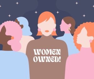 Graphic depicting a crowd of women with the words "Women Owned"